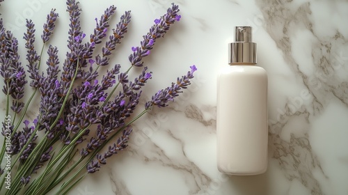 Lavender-scented lotion bottle beside fresh lavender flowers on a marble surface