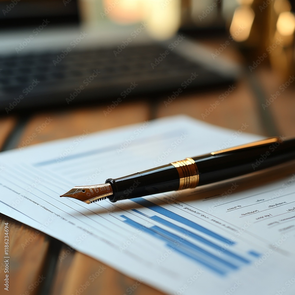 Luxury fountain pen on a financial report with blue charts. Ideal for business, finance, and professional themes. Luxury fountain pen on a financial report with blue charts. Ideal for business, finance, and professional themes.