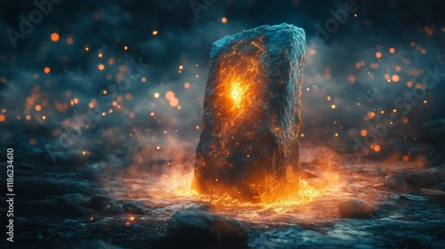 Glowing rock surrounded by sparkling particles in a tranquil forest setting d...