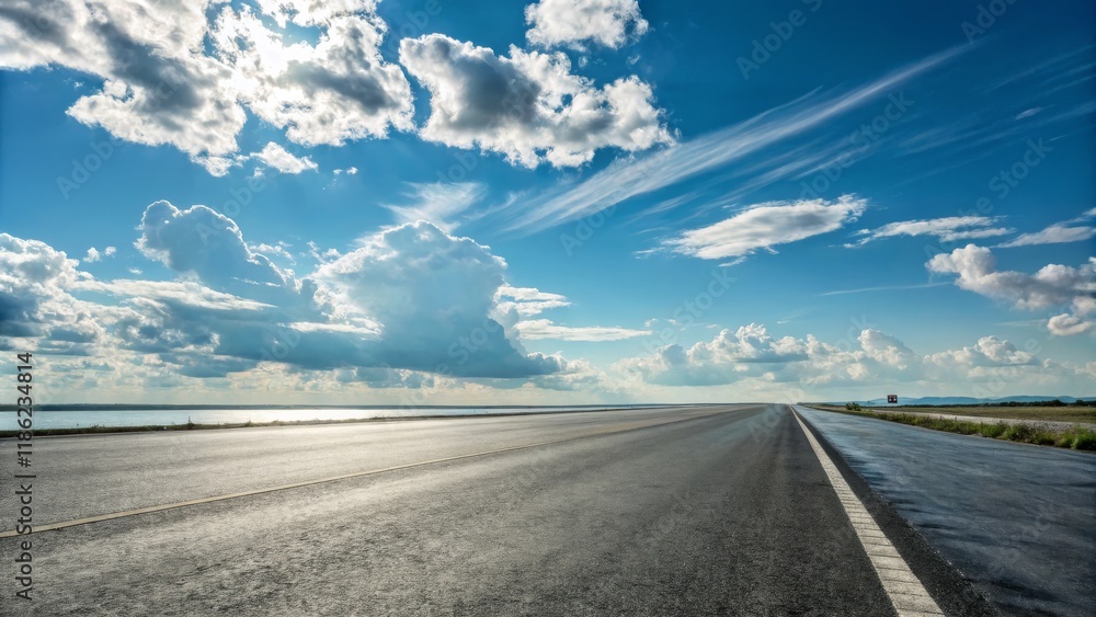 Fototapeta premium Open Road Sunny Sky, Cumulus Clouds, Asphalt Composition, Landscape Photography, Travel, Road Trip Road Photography, Landscape