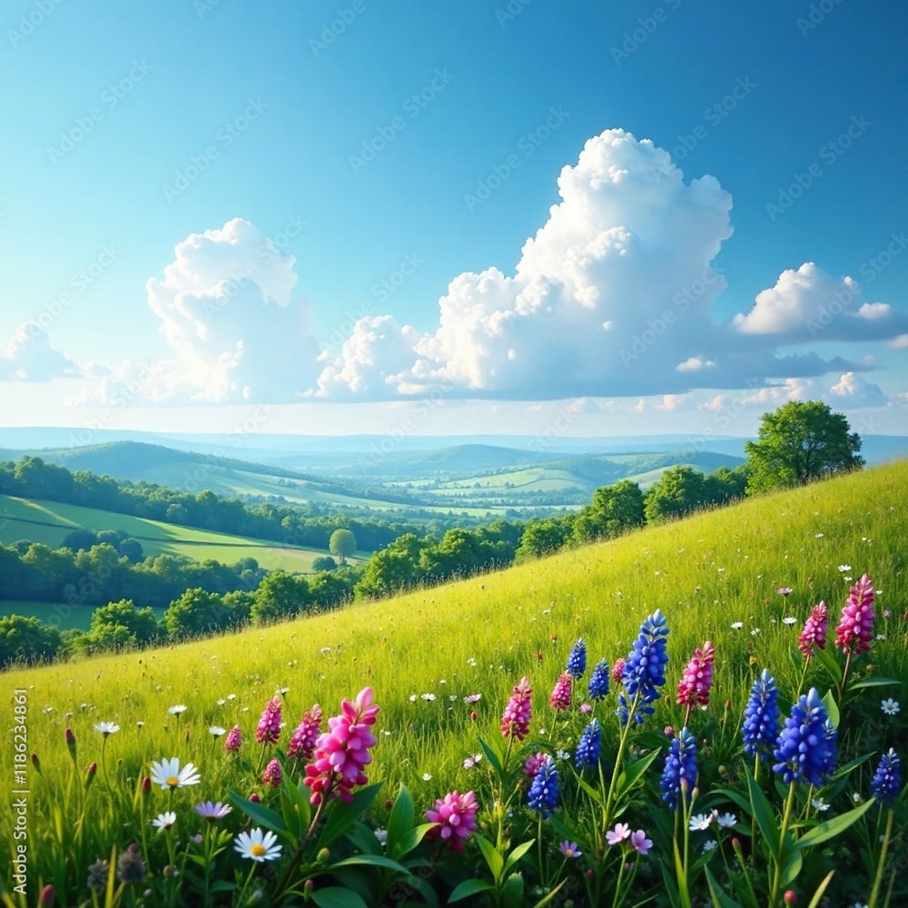 Obraz premium Blauer Himmel ?ber einer Bergwiese mit Blumen und Gras, scenery, nature