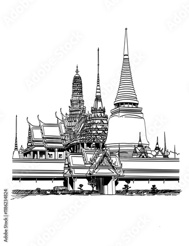 Wat Phra Kaew, Buddhist temple in Bangkok, Thailand. Hand drawn sketch in vector illustration.