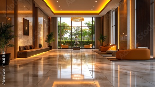 Modern hotel lobby featuring marble flooring and stylish seating in warm ligh...