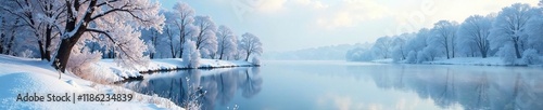 Winter landscape with snow-covered trees, bare branches and frozen lake, frost, winter