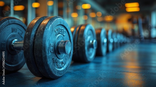 Weightlifting equipment arranged neatly in a modern gym during early morning ...