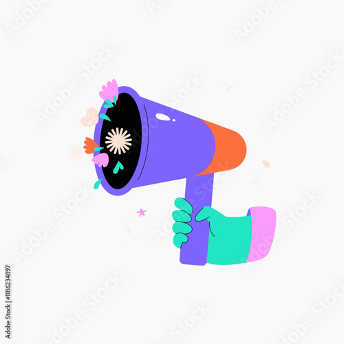 Hand holding megaphone with flowers symbolizing peaceful protest, activism, and spreading positive messages, flat vector illustration for social justice, environmental awareness, advocacy.