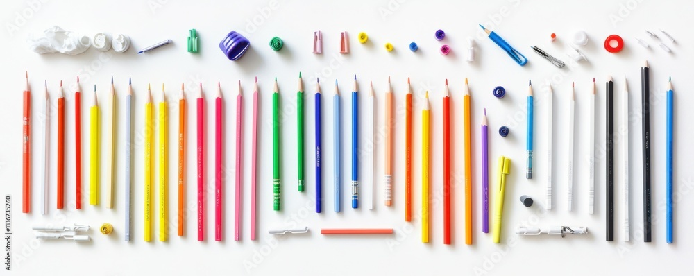 Fototapeta premium color pencils, art supplies, creativity, education, drawing tools scattered on a clean white background, perfect for school or artistic concepts, depicting
