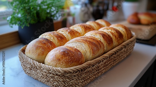 Freshly baked sesame rolls in a woven basket on a rustic table with soft linen