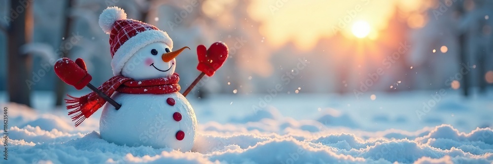 Naklejka premium Snowman waving to the sky in a frosty morning, frosty morning, red mittens, winter