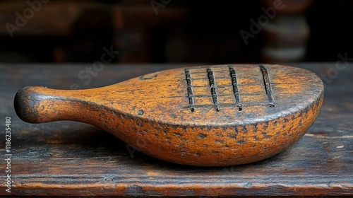 Artisan crafted wooden bowl resting on a rustic wooden table in outdoor setting