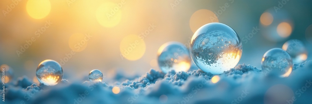 Soft blue bubbles float gently in the air amidst a golden glow background, ethereal, gold Soft blue bubbles float gently in the air amidst a golden glow background, ethereal, gold