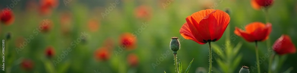 Red poppy buds on stems with leaves and twigs, branch, foliage Red poppy buds on stems with leaves and twigs, branch, foliage