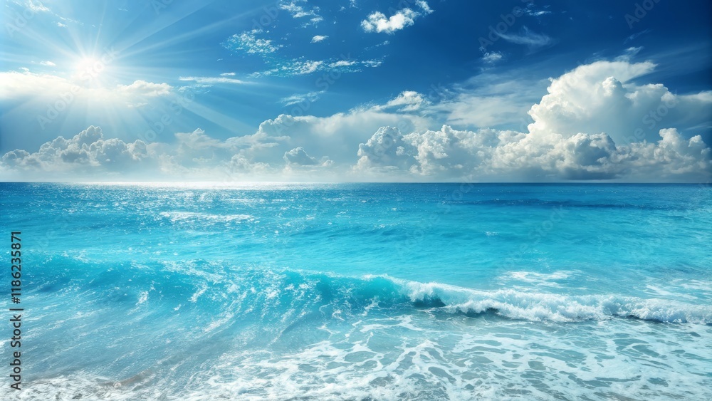 Obraz premium Serene Ocean Landscape Sunny Sky, Turquoise Waves, Coastal Scene, Seascape Photography Ocean, Seascape