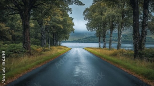 Serene road lined with trees leading to a calm lake in a cloudy setting