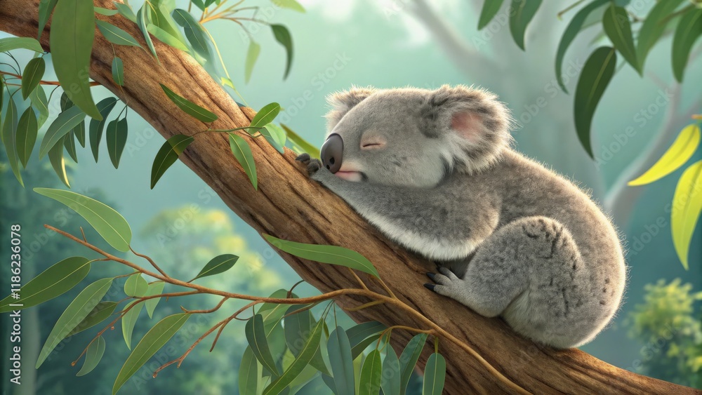 Fototapeta premium Sleeping Koala on Eucalyptus Branch 3D Digital Painting, Soft Fur, Tranquil Nature Scene. Koala, 3D art