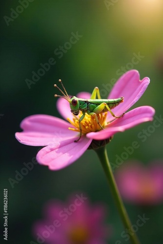 A tiny grasshopper with long antennae sits on a single petal, blossom, flower
