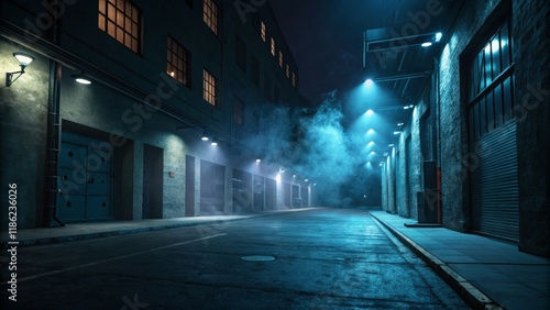 Smoky Night Alley Cyan Lighting, Industrial Architecture, Cinematic Composition, 3D Render, Night Scene, Urban Background. Cityscape, Night Photography