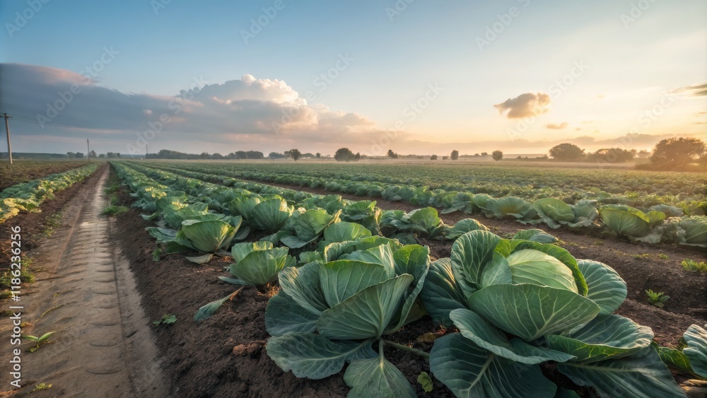 Fototapeta premium Sunrise Cabbage Field Rows of Green Vegetables, Golden Hour Landscape Photography, Agricultural Concept, Farmland Scenery Cabbage, Agriculture