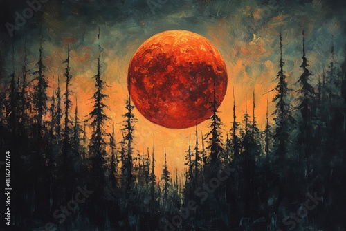 Full moon glowing red over dark forest landscape during night sky