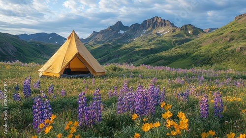 Fototapeta Naklejka Na Ścianę i Meble -  Camping in a beautiful meadow with a tent surrounded by wildflowers and mountains at twilight