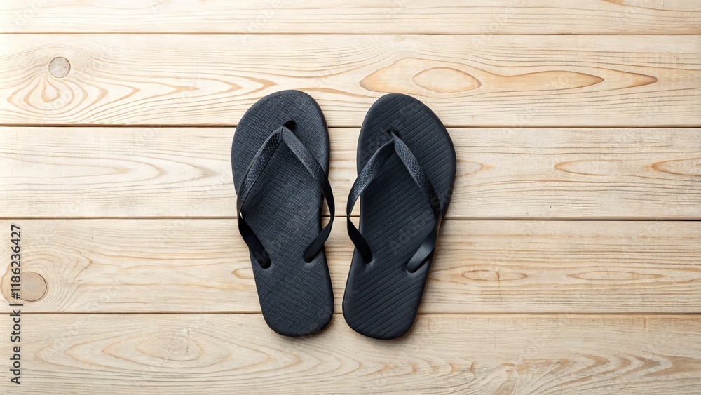 Top View Black Flip Flops on Wooden Background, Summer Concept, Flat Lay, Overhead Shot Flip-flops, Summer shoes Top View Black Flip Flops on Wooden Background, Summer Concept, Flat Lay, Overhead Shot Flip-flops, Summer shoes