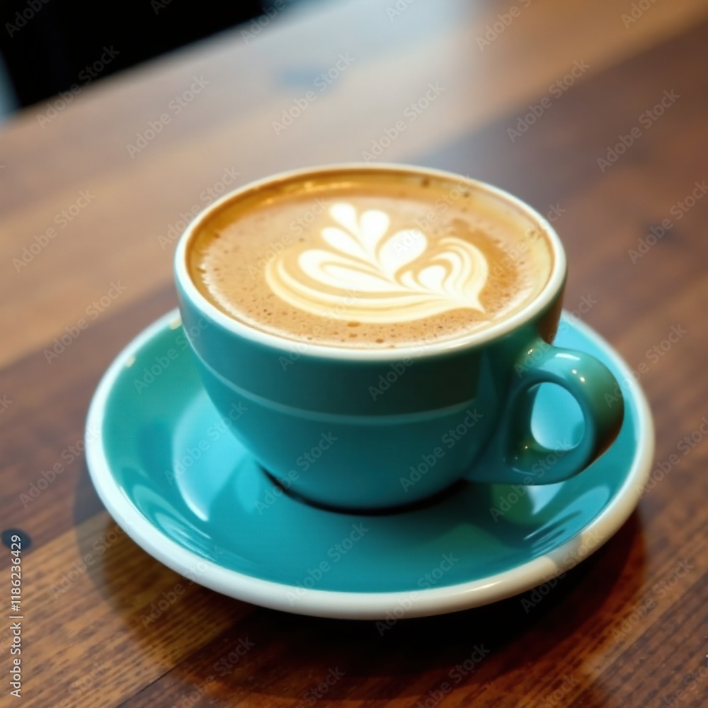 Creamy coffee with intricate latte art on saucer, plate, wooden, breakfast Creamy coffee with intricate latte art on saucer, plate, wooden, breakfast