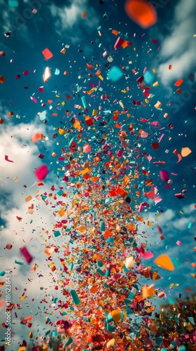 Colorful confetti celebration in vibrant atmosphere at outdoor event under cl...