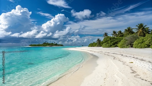Fototapeta Naklejka Na Ścianę i Meble -  Tropical Island Seascape Turquoise Water, White Sand Beach, Dramatic Clouds, Landscape Photography, Maldives Maldives, Tropical Beach