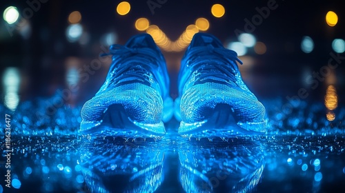 Worn yellow sneakers placed on tracks at sunset with an urban backdrop in sof...