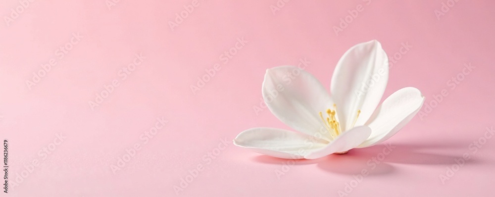 Fototapeta premium Single white petal unfolding against pale light pink ground, single petal, bloom