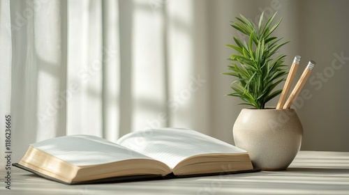 Cozy reading nook with a plant and an open book in bright natural light