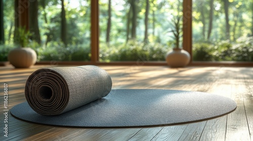 Yoga mats neatly arranged in a serene room with natural light and decorative ...