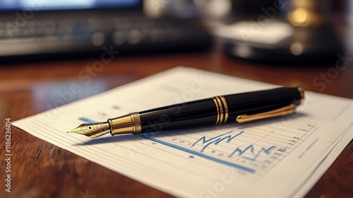 Luxury fountain pen on a financial report with blue charts. Ideal for business, finance, and professional themes. photo