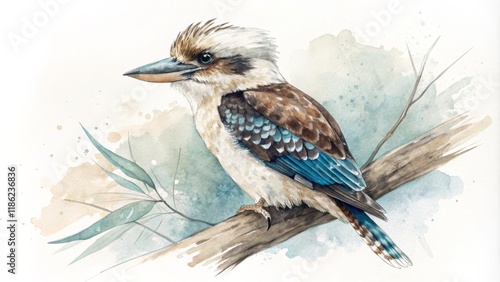 Watercolor Kookaburra on Branch Loose Composition, Teal and Brown Hues, Australian Bird Art, Watercolor Painting Kookaburra, Wildlife art