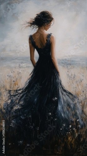 Elegant woman in flowing dress standing against artistic backdrop in soft light