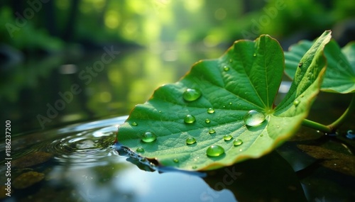 Water droplets glistening on the surface of a leaf in the Vasse River estuary, river, wetlands photo