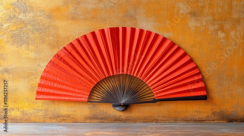 Decorative red fan against a golden background showcasing traditional craftsm...