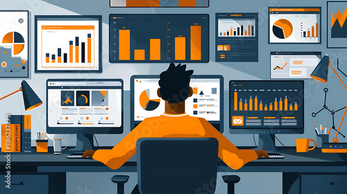 Illustration of a data analyst working on business success at his workplace