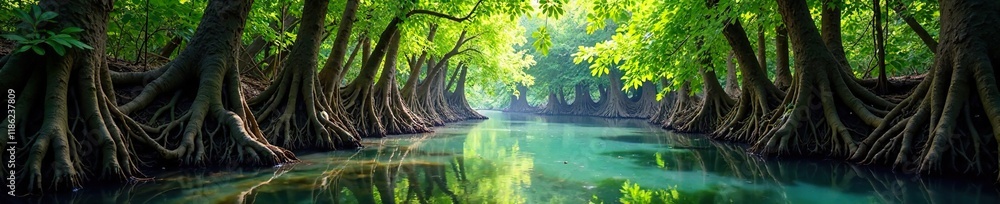 Obraz premium Mangrove roots intertwined with river branches, vegetation, trees