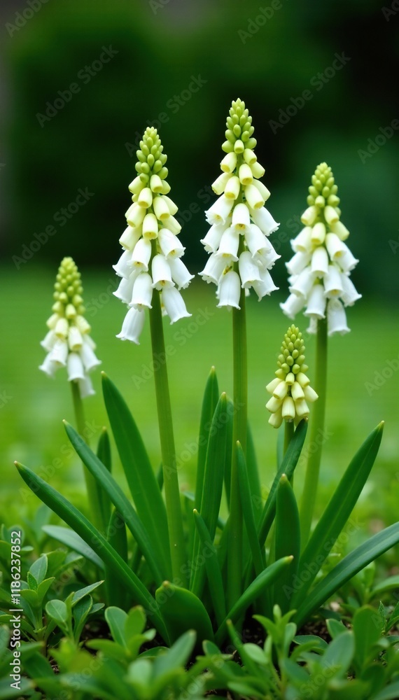 Low-growing asphodel bulbous plant with white flowers in a garden bed, foliage, lawn, asphodel