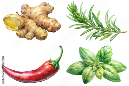 Fresh ginger root, vibrant rosemary sprigs, red chili pepper, green basil leaves, watercolor style, culinary herbs.