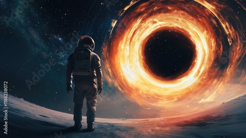 A Man in a Space Suit Standing in Front of a Black Hole - Generative AI