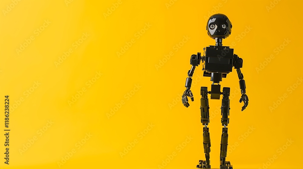 Black Robot Standing Against Yellow Background Black Robot Standing Against Yellow Background