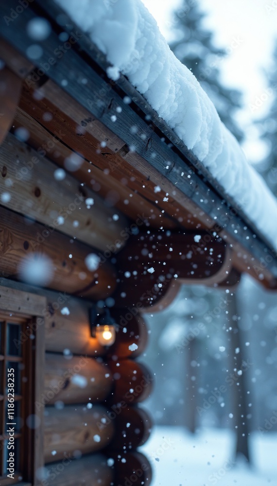 Fototapeta premium Snowflakes gently falling on a wooden cabin roof, peaceful, serene
