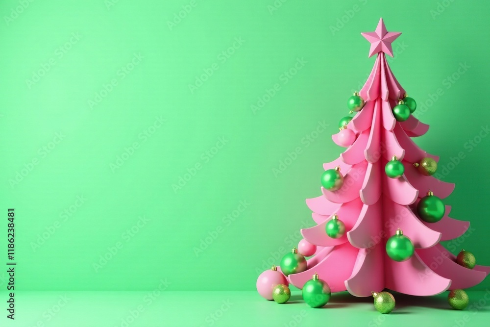 A large pink Christmas tree with green and pink ornaments on a light green backdrop, light green background, festive color scheme A large pink Christmas tree with green and pink ornaments on a light green backdrop, light green background, festive color scheme