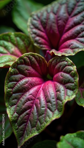 Macro shot of Coleus atropurpureus leaf with veins and texture details, coleus leaves, coleus atropurpureus, greenery photo