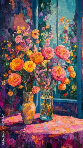 Colorful flower arrangement in vases with soft light and shadows creating a w...