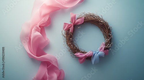Creative wreath adorned with ribbons showcases delicate craftsmanship for hom...