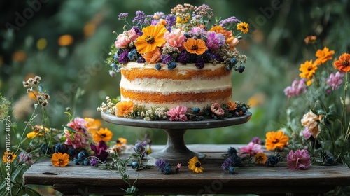Beautiful floral cake on a rustic wooden table surrounded by soft decor and n...