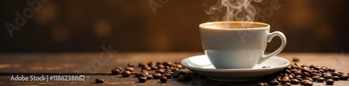 Fragrant coffee aromas waft upwards from a steaming cup, cup, cozy